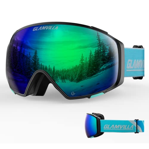 GLAMVILLA Skibrille für Herren und Damen, Unisex groß Schneebrille mit Magnetische Wechselglas für Brillenträger, 100% UV-Schutz Anti-Fog Ski Goggles(A2-Blau vlt24.5%) von GLAMVILLA