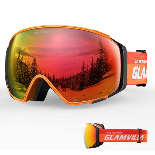GLAMVILLA Skibrille für Herren und Damen, Unisex groß Schneebrille mit Magnetische Wechselglas für Brillenträger, 100% UV-Schutz Anti-Fog Ski Goggles(A3-Orange vlt16.9%) von GLAMVILLA