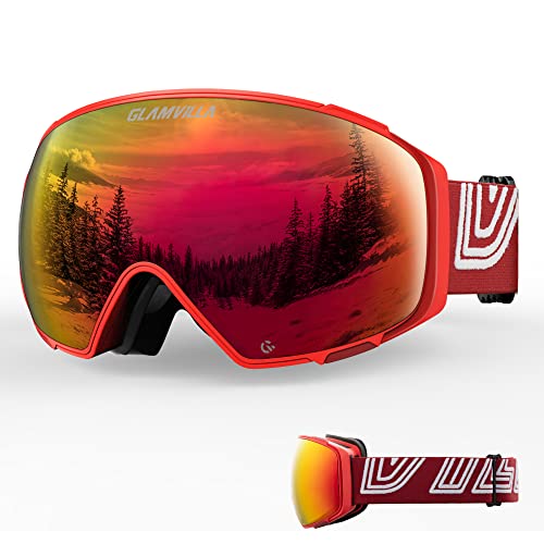 GLAMVILLA Skibrille für Herren und Damen, Unisex groß Schneebrille mit Magnetische Wechselglas für Brillenträger, 100% UV-Schutz Anti-Fog Ski Goggles(A4-Rot vlt21.7%) von GLAMVILLA