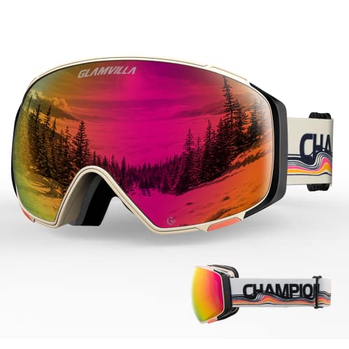 GLAMVILLA Skibrille für Herren und Damen, Unisex groß Schneebrille mit Magnetische Wechselglas für Brillenträger, 100% UV-Schutz Anti-Fog Ski Goggles(A5-Hellorange vlt18.9%) von GLAMVILLA