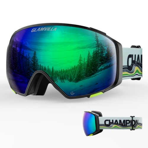 GLAMVILLA Skibrille für Herren und Damen, Unisex groß Schneebrille mit Magnetische Wechselglas für Brillenträger, 100% UV-Schutz Anti-Fog Ski Goggles(A6-grün vlt14.4%) von GLAMVILLA
