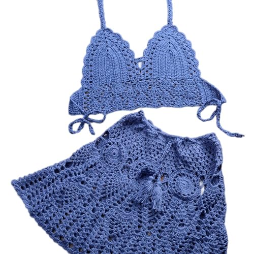 GLYLFQZJ Bikini Bikini Zweiteilige Häkeln Frauen Bikini Set Cover Up Badeanzug Baderock Badebekleidung Badebekleidung Badebekleidung-Blau-Top L Rock OneSize von GLYLFQZJ