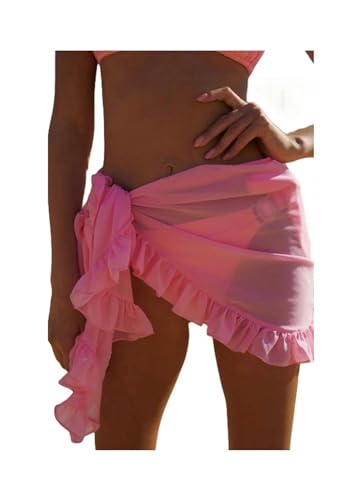 GLYLFQZJ Bikini Cover-Up Dünne Mesh Mini Rüschenröcke Frauen Decken Sie Quaste Kleid Bikini Süßigkeit Farbe Baderock Frauen Badeanzug Strandkleidung Wrap-Pink-One Size von GLYLFQZJ