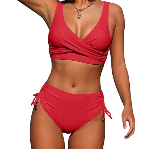 GLYLFQZJ Bikini Sommer Einfarbige Farbe Strand Casual Bikini Badeanzug Set Damen Mode High Taille Badeanzug Bikini Zweiteilig Set-Rot-S von GLYLFQZJ