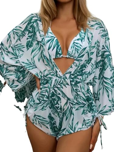 GLYLFQZJ Bikini Sommer Frauen 3-Stücke Anzug Floral Print Bademode Kordelzug Beachwear Urlaub Bikini Set Bodysuit Overall Badeanzug-Stil F-M von GLYLFQZJ