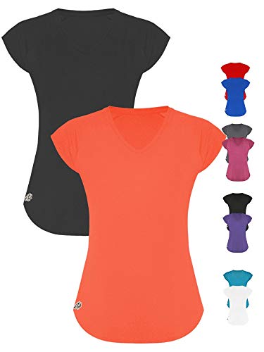 GO HEAVY Damen 2er-Pack Fitness Funktions Sport T-Shirt Laufshirt Kurzarm Schnelltrocknend | Neon Koralle/Dunkelgrau L von GO HEAVY