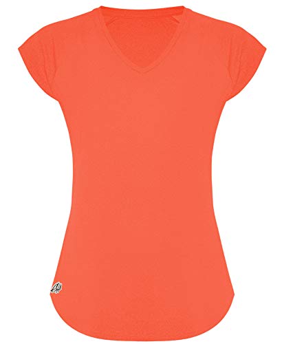 GO HEAVY Damen Fitness Funktions Sport T-Shirt Laufshirt Kurzarm Schnelltrocknend Yoga Sportoberteil | Neon Koralle XL von GO HEAVY