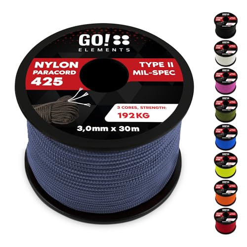 GO!elements 30m Paracord Seil aus reißfestem Nylon - 3mm Paracord 425 Typ II max. 192kg - Schnüre als Outdoor Seil, Allzweckseil, Survival Seil, Armband, Hundeleine, Nylonschnur, Farbe:Grau-Blau von GO!elements