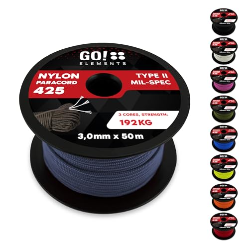 GO!elements 50m Paracord Seil aus reißfestem Nylon - 3mm Paracord 425 Typ II max. 192kg - Schnüre als Outdoor Seil, Allzweckseil, Survival Seil, Armband, Hundeleine, Nylonschnur, Farbe:Grau-Blau von GO!elements