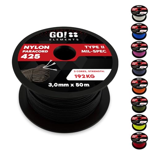 GO!elements 50m Paracord Seil aus reißfestem Nylon - 3mm Paracord 425 Typ II max. 192kg - Schnüre als Outdoor Seil, Allzweckseil, Survival Seil, Armband, Hundeleine, Nylonschnur, Farbe:Schwarz von GO!elements