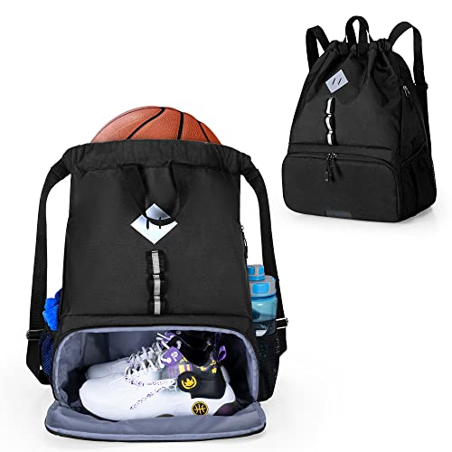 GOBUROS Fußball-Tasche, Fußball-Rucksack mit Kordelzug für Basketball, Volleyball und Fußball, Sport-Fitness-Ausrüstungstasche mit separaten Schuhen und Ballhalter von GOBUROS
