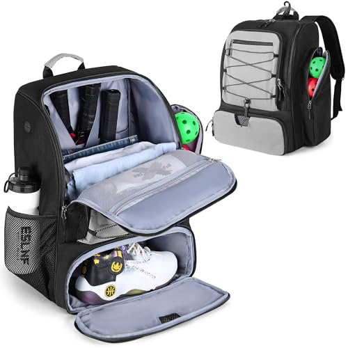 GOBUROS Pickleball Tasche für 4 Schläger mit Schuhfach, Pickleball Rucksack mit Zaunhaken für Pickleball Zubehör, Pickleball Taschen für Männer und Frauen, nur Tasche (Grau) von GOBUROS