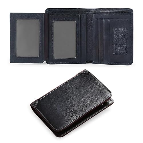 GOIACII Schlanke Geldbörse für Herren, echtes Leder, RFID-blockierend, dreifach faltbar, mit 2 Ausweis-Fenstern, marineblau, RFID-Brieftasche. von GOIACII