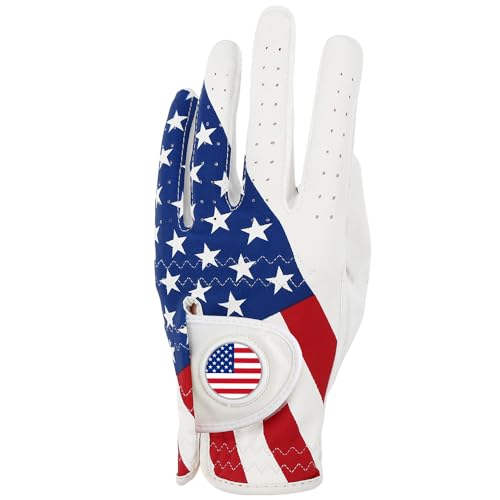 GOLTERS Golfhandschuhe, linke Hand mit Ballmarkierung, für Herren und Damen, Golfhandschuhe, USA-Flagge, Kunstleder, Lycra-Faser, verstellbarer Riemen, getragen auf der linken Hand von GOLTERS