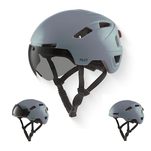 GOOFF Pilot S-Pedelec Helm in Grau - Schutz für schnelle E-Bike Fahrten – Fahrradhelm mit Visier und Licht – NTA 8776-zertifizierter Zweirat Helm für Damen und Herren - Velo Helm (Warmes Grau, L) von GOOFF