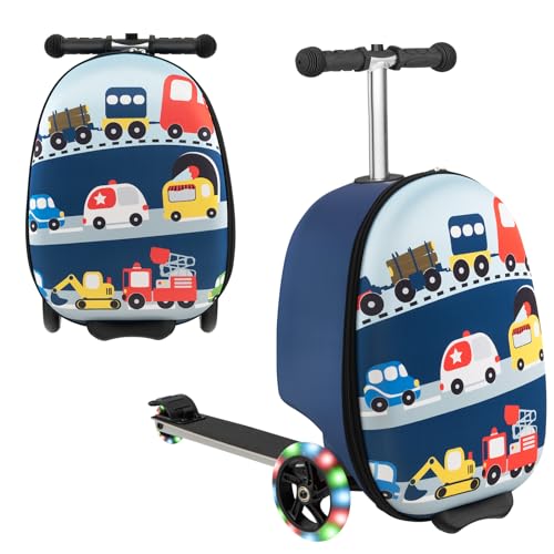 GOPLUS 2 in 1 Kinderkoffer mit Roller, 26 Zoll Reisegepäck mit Eva-Gehäuse & LED-Rädern, Klappbarer Scooter mit einziehbarem Lenker für Kinder ab 5 Jahre alt (Fahrzeug) von GOPLUS