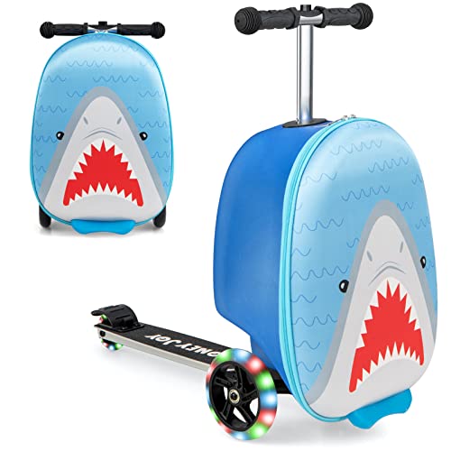 GOPLUS 2 in 1 Kinderkoffer mit Roller, 26 Zoll Reisegepäck mit Eva-Gehäuse & blinkenden LED-Rädern, Klappbarer Scooter mit einziehbarem Lenker für Kinder ab 5 Jahre alt (Hai) von GOPLUS