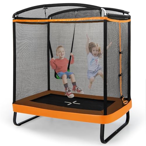 GOPLUS 2 in 1 Kindertrampolin, 190x124,5x210 cm Gartentrampolin Set mit Schaukel, rechteckiges Outdoortrampolin mit Sicherheitsnetz & Randabdeckung, Fitnesstrampolin für Kinder ab 3 Jahren (Orange) von GOPLUS