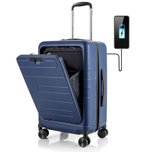 GOPLUS 20-Zoll Koffer, Handgepäck mit externem USB-Ladeanschluss, klappbarer Tischplatte & Rädern, leichtes Reisegepäck aus PC mit TSA-Schloss für Geschäftsreisen(Blau) von GOPLUS