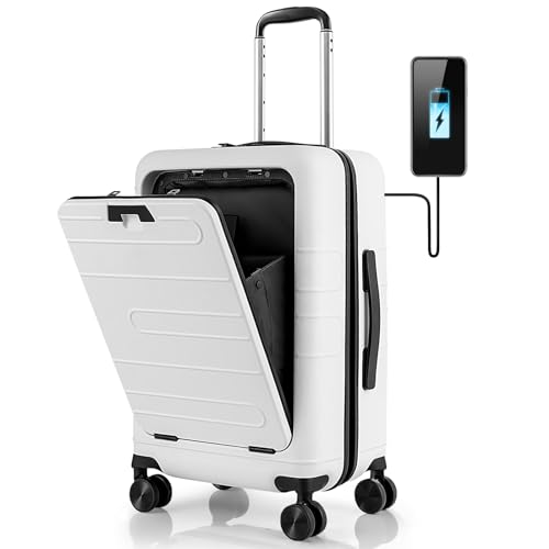 GOPLUS 20-Zoll Koffer, Handgepäck mit externem USB-Ladeanschluss, klappbarer Tischplatte & Rädern, leichtes Reisegepäck aus PC mit TSA-Schloss für Geschäftsreisen(Weiß) von GOPLUS