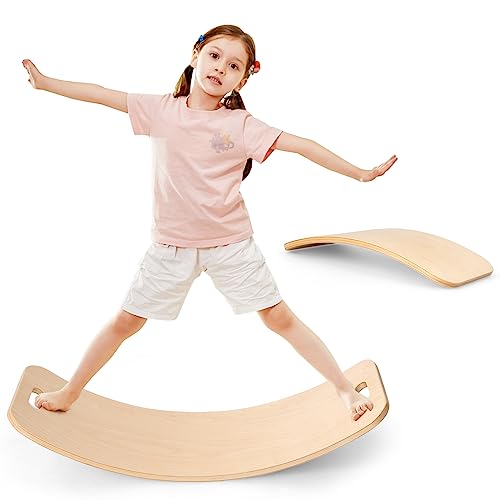 GOPLUS 2er Set Balance Board aus Holz, Balancierbrett mit tragbares Loch, Wackelboard zum Üben des Gleichgewicht, für Kinder & Erwachsene, bis 150 kg belastbar, Natur von GOPLUS