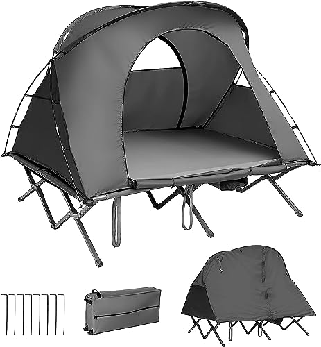 GOPLUS 4 in 1 Campingzelt für 2 Personen, Faltbares Kuppelzelt mit Aufblasbarer Matratze & Regenabdeckung mit Feldbett, Zelt mit Netzfenster Tragetasche, 194 × 146 × 160 cm (Grau) von GOPLUS