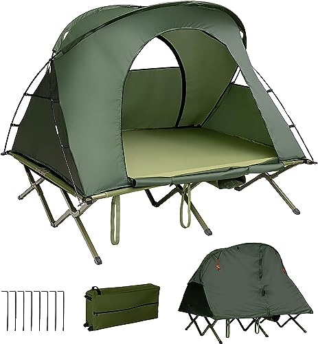 GOPLUS 4 in 1 Campingzelt für 2 Personen, Faltbares Kuppelzelt mit Aufblasbarer Matratze & Regenabdeckung mit Feldbett, Zelt mit Netzfenster Tragetasche, 194 × 146 × 160 cm (Grün) von GOPLUS