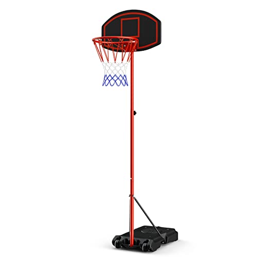 GOPLUS Basketballständer 158-218 cm, Mobile Basketballanlage mit Rollen, Basketballkorb mit Ständer, tragbare Basketballanlage für Kinder & Erwachsene, Rot von GOPLUS