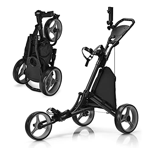 GOPLUS Faltbarer Golftrolley mit 3 Rädern, 4 höhenverstellbare Positionen, Leichter Golfwagen, aus Aluminium, mit verstellbarem Schirmhalter, wasserdichte Tasche, Fußbremse (Grau) von GOPLUS