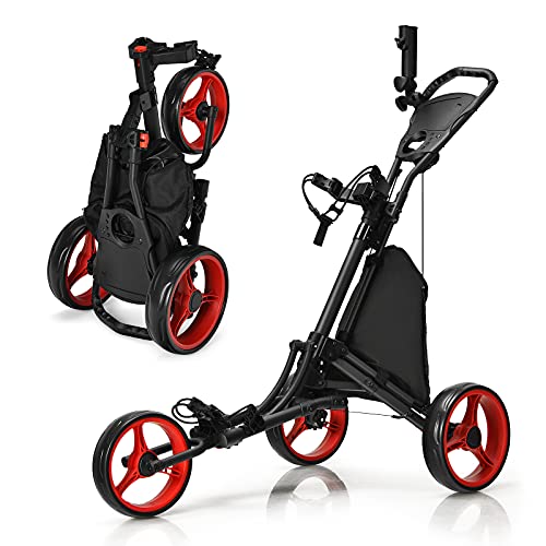 GOPLUS Faltbarer Golftrolley mit 3 Rädern, 4 höhenverstellbare Positionen, Leichter Golfwagen, aus Aluminium, mit verstellbarem Schirmhalter, wasserdichte Tasche, Fußbremse (Rot) von GOPLUS