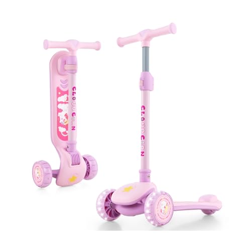 GOPLUS Kinder Roller, Klappbarer Scooter mit Verstellbarem Lenker, LED Rädern, Tretroller mit Neigen-zum-Steuermechanismus für Kinder im Alter von von 3-6 Jahren (Pink) von GOPLUS