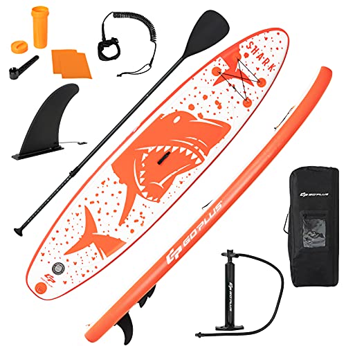 GOPLUS Stand Up SUP Board Set, Aufblasbare Paddle Board, stabil und leicht tragbar mit faltbarem Paddle und Rucksack, Belastbar bis 120 kg, mit komplettem Zubehör (320x76x15cm, Orange) von GOPLUS