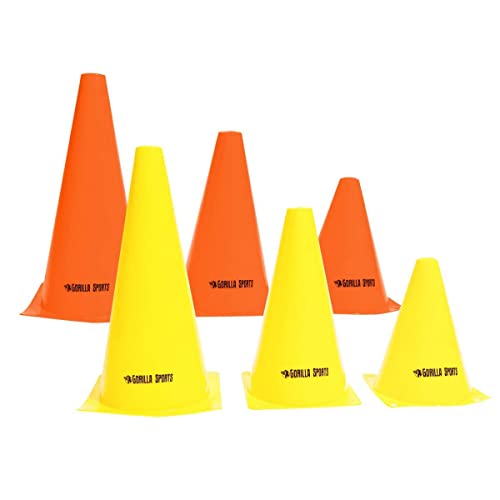 GORILLA SPORTS® Markierungskegel - 10 Stück Pylonen, 17 cm/23 cm/30 cm, Kunststoff, Gelb/Orange - Hütchen Set, Markierkegel, Verkehrshütchen, Markierungshütchen, Leitkegel, Trainingshilfen für Fußball von GORILLA SPORTS