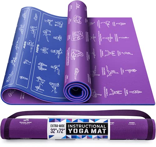 Yogamatte mit aufgedruckten Posen und Tragegurt, 75 illustrierte Yoga-Posen und 75 Dehnungen, niedliche Yogamatte für Damen und Herren, rutschfest, 0,6 cm, extra dicke Yogamatte für Anfänger von GRAND BASICS