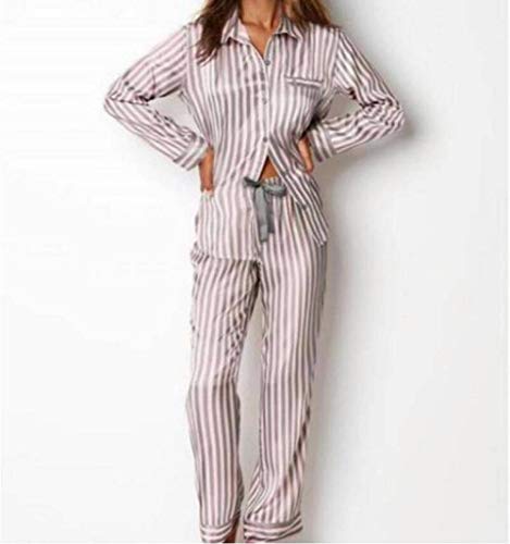 GROPC Valentinstag Pyjama Schlafanzug Damen Lang,Silk Silky Satin Women Streifen Langarm Set Pyjama 2 Pces Sommer Loungewear Pyjama Set Homewear von GROPC