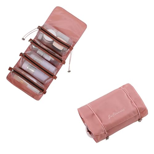 Kosmetiktasche Frauen-Kosmetiktasche, Faltbare Nylontasche, Seil, Make-up-Tasche, 4 Stück in 1 Reißverschluss, Netz, trennbar, Reise, tragbare Kosmetiktasche Make Up Bag (Color : Pink) von GSCLZ