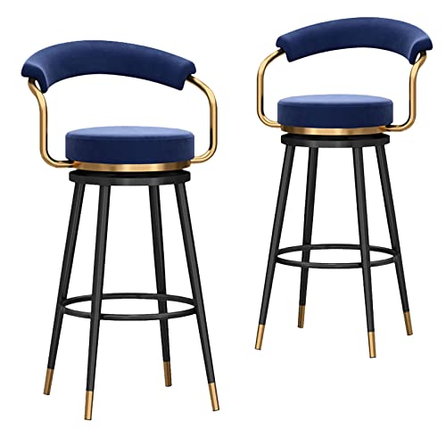 GSKXHDD Drehbare Barhocker, 2er-Set, mit Rückenlehne, hoher Metallhocker, hoher Stuhl für die Kneipenküche im Innen- und Außenbereich, Höhe 75 cm, Samtsitz, Metallrahmen, Weiß (Blaue Schwarze Beine) von GSKXHDD