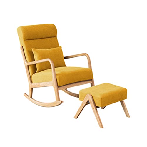 Massivholz-Schaukelstuhl mit Fußhocker, moderner Stoff-Schaukelstuhl, einfacher Einzel-Balkon-Schaukelstuhl für Zuhause, Lounge-Sessel mit Kopfstütze, Studio-Freizeit-Büro-Akzentstuhl (Farbe: Gelb, von GSKXHDD
