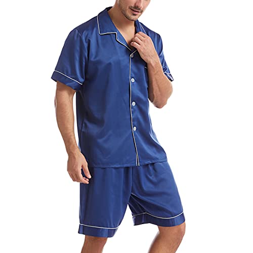 GTHTTT Herren Zweiteiliger Schlafanzug Set Kurzarm Schlafanzugoberteile mit Knopfleiste mit Kurzarm Shirt und Shorts Freizeitanzug,Blau,L von GTHTTT