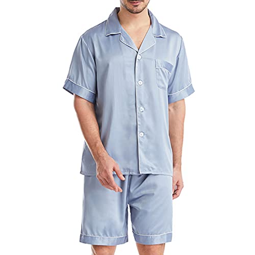 GTHTTT Herren Zweiteiliger Schlafanzug Set Kurzarm Schlafanzugoberteile mit Knopfleiste mit Kurzarm Shirt und Shorts Freizeitanzug,Blue Gray,L von GTHTTT