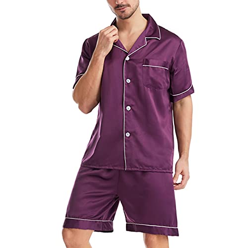 GTHTTT Herren Zweiteiliger Schlafanzug Set Kurzarm Schlafanzugoberteile mit Knopfleiste mit Kurzarm Shirt und Shorts Freizeitanzug,Deep Purple,M von GTHTTT