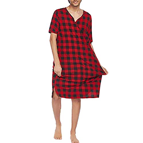 GTHTTT Kurzarm Männer Nachthemden V-Ausschnitt Knielang Schlafkleid Taschen Plaid Bequeme Modisches Nachthemd Herren Nachtwäsche Schlafkleid,Rot,XL von GTHTTT