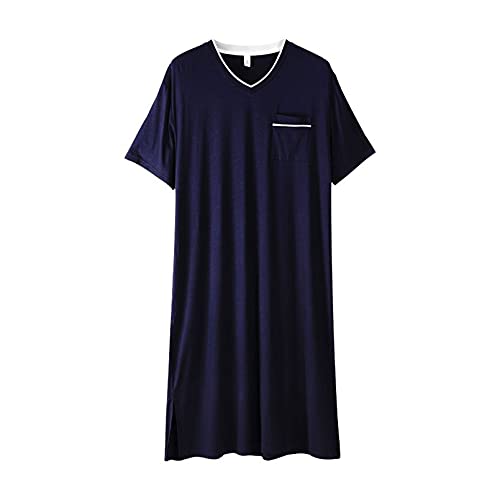 GTHTTT Nachthemd Herren Cotone Einteiliger Schlafanzug V-Ausschnitt Knielang Schlafkleid Kurzarm Robes Sleepshirt Taschen Schlafoveralls,Dark Blue,XL von GTHTTT