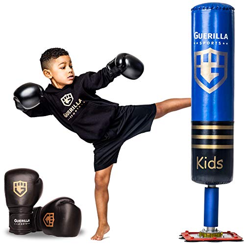 Guerilla Sports Standboxsack „Kids Blue“ - Freistehender Boxsack mit Ständer, inkl. Boxhandschuhe (8oz) - Robuster Punching-Sack für MMA, Boxen, Training - Für Kinder, von 4-13 Jahre von GUERILLA SPORTS