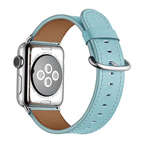 Armband ​für Apple Watch Series 1/2/3/4/5/6/SE, Kompatibel mit iWatch Armband 38mm 40mm 42mm 44mm, Herren&Damen Echtes Leder Uhrenarmband mit Edelstahl Schnalle,Blue,42mm/44mm von GUHUO