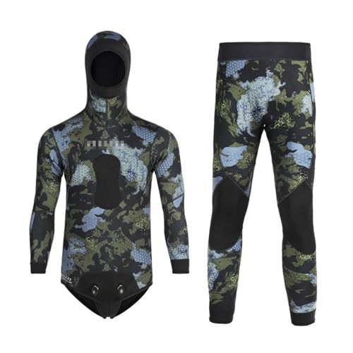 Homme 1.5mm Neoprenanzug, 2 Teiliges Set UV-Schutz Surfanzug Stretch Tauchanzug mit Kapuze Camouflage Neopren Nassanzüge mit Langarm Neoprenanzug Jacke Top & Hosen zum Wassersportarten 3XL von GUOCU
