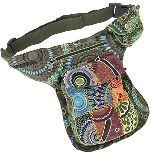 GURU SHOP Stoff Sidebag & Patchwork Hüfttasche, Goa Gürteltasche, Bauchtasche aus Nepal - Olivgrün, Herren/Damen, Baumwolle, Size:One Size, 25x20x4 cm, Festival- Bauchtasche Hippie von GURU SHOP