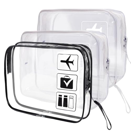 GWAWG 3 Stück Kulturtasche Transparent TSA Genehmigte Kulturbeutel Durchsichtige Kosmetiktasche Tragbar Wasserdicht Schwarz und Weiß von GWAWG