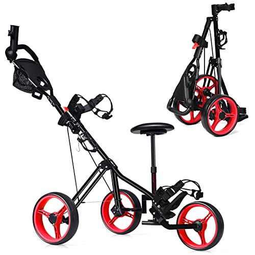 GYMAX 3-Rad Golf Push Trolley, Klappbarer Golfwagen Golftrolley mit Stuhl & Verstellbarer Griff, Golfcaddy mit Regenschirmhalter & Becherhalter & Anzeigetafeln (Rot) von GYMAX