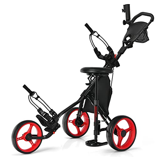 GYMAX 3-Rad Golf Push Trolley, klappbarer Golfwagen, Golftrolley, Golfcaddy mit Sitz & Verstellbarer Griff (Rot) von GYMAX
